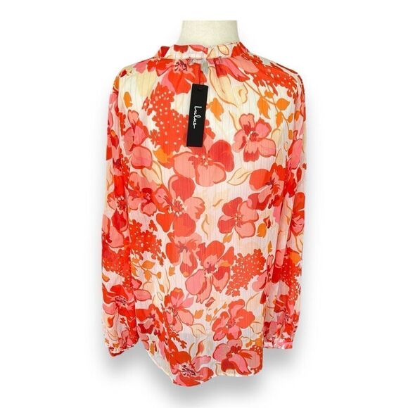 Lulu’s Sunny Muse Blouse Red Pink Coral Ivory Floral Lurex Size Medium - Picture 5 of 10